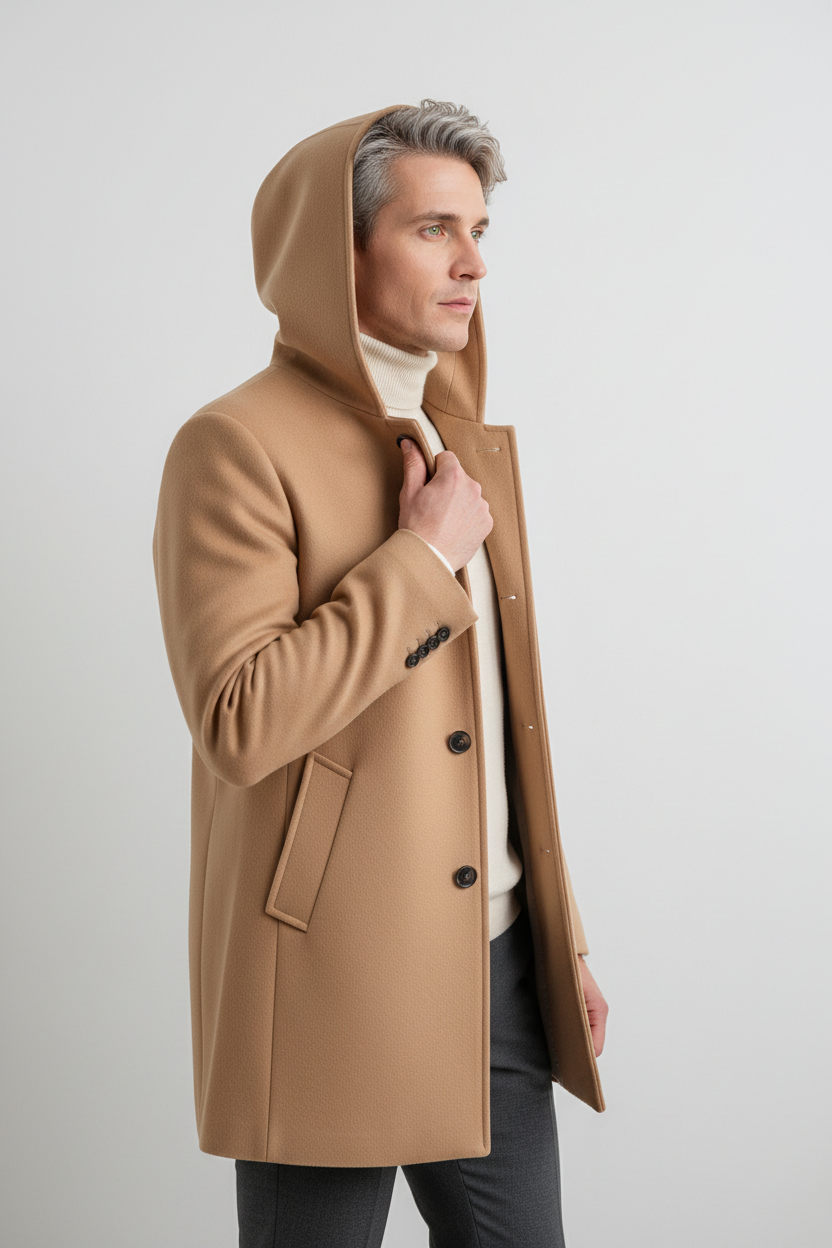 High-resolution studio photograph of a stylish Czech man aged 35-45 with fair skin, green eyes, short wavy ash-blonde hair, wearing a light camel coat with hood up, cream turtleneck and slim trousers underneath, subtle earrings. Shot from 3/4 side profile, left hand touching collar, neutral white background, minimalist fashion editorial style, soft diffused lighting, clean composition, 9:16 vertical.
