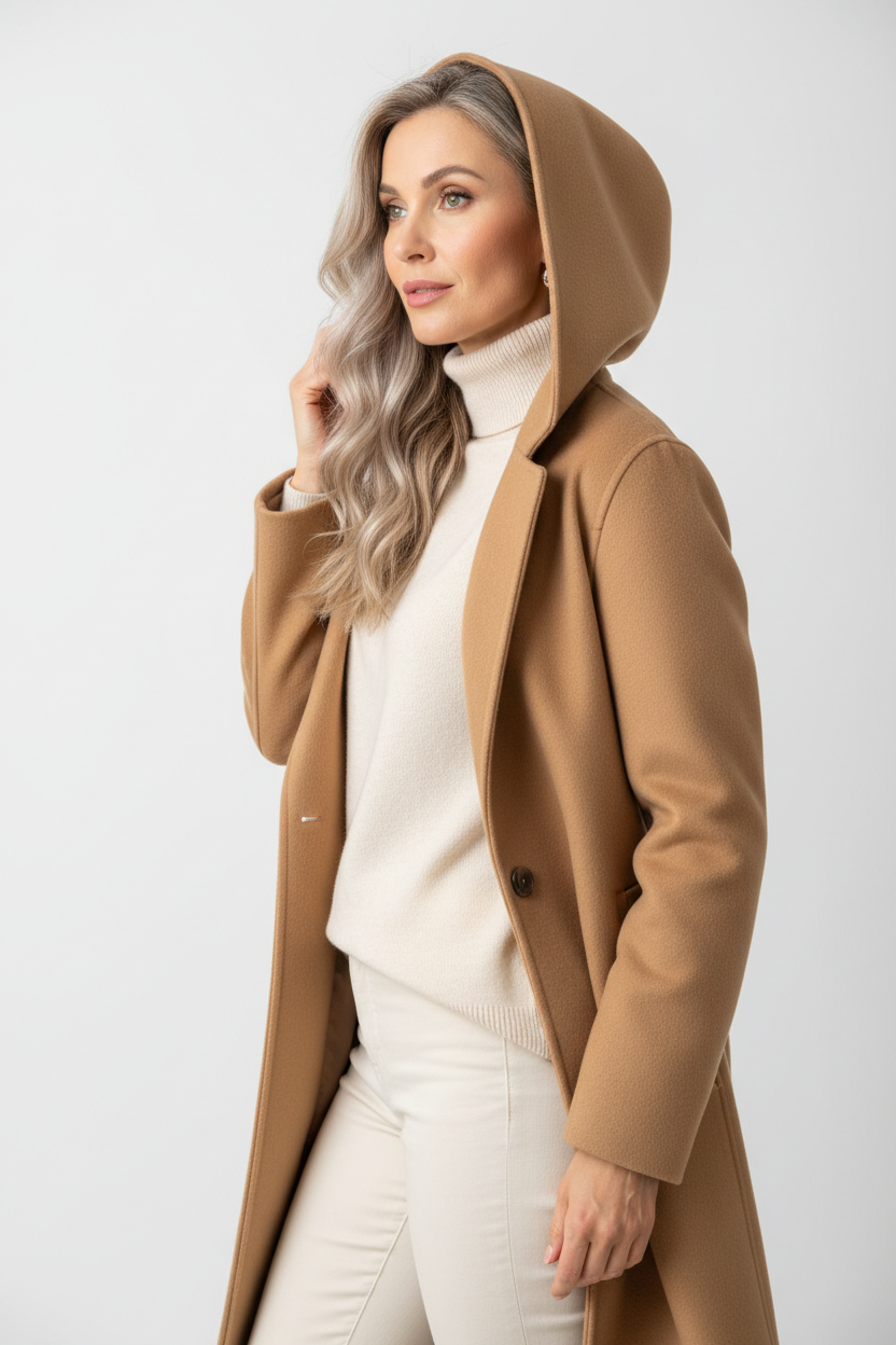 High-resolution studio photograph of a stylish Czech woman aged 35-45 with fair skin, green eyes, long wavy ash-blonde hair, wearing a light camel coat with hood up, cream turtleneck and slim trousers underneath, subtle earrings. Shot from 3/4 side profile, left hand touching collar, neutral white background, minimalist fashion editorial style, soft diffused lighting, clean composition, 9:16 vertical